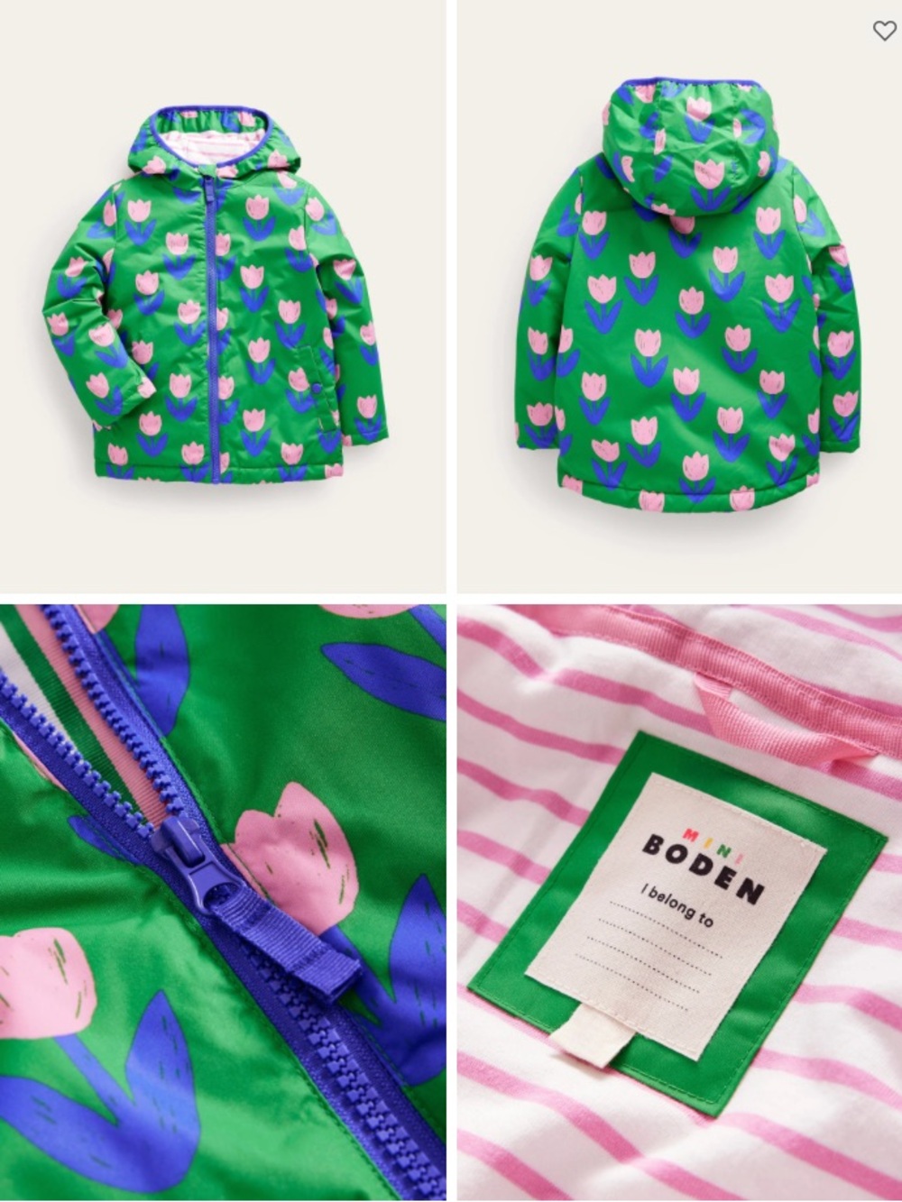 Mini Boden Jersey-Lined Anorak/Raincoat in Runner Bean Green Tulips size 5/6Y